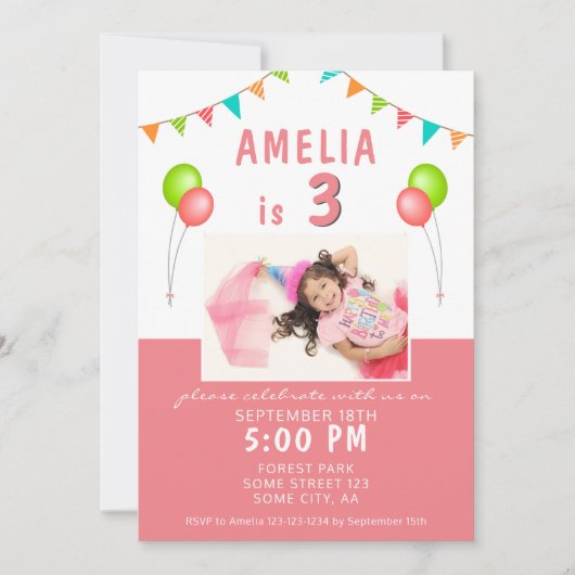 Ballon Bunting Flag Pink Foto Birthday Party Kaart (Voorkant)