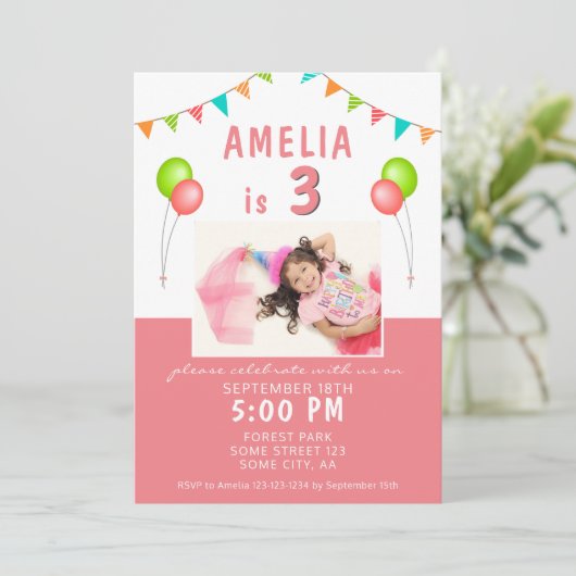 Ballon Bunting Flag Pink Foto Birthday Party Kaart (Staand voorkant)