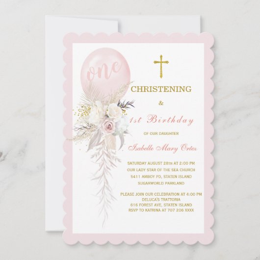 Ballon Christening en First Birthday Invitation Kaart (Voorkant)