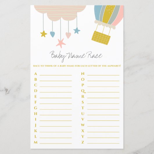 Ballon en Cloud Baby Name Race Baby shower Game (Voorkant)