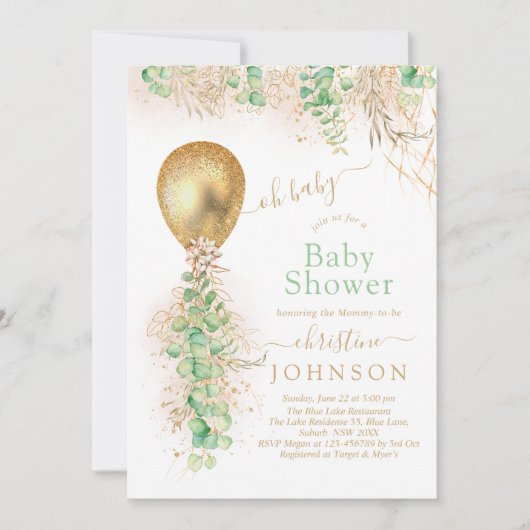 Ballon Eucalyptus Gold Glitter Baby shower Kaart (Voorkant)