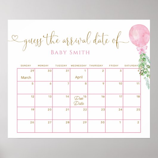 Ballon Eucalyptus Guess Baby Vervaldatum Kalender Poster (Voorkant)