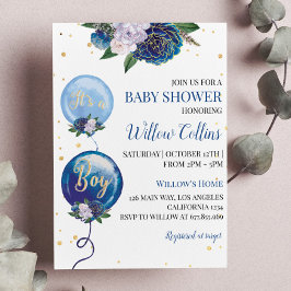 Ballon Floral Boy Baby shower Invitation Kaart