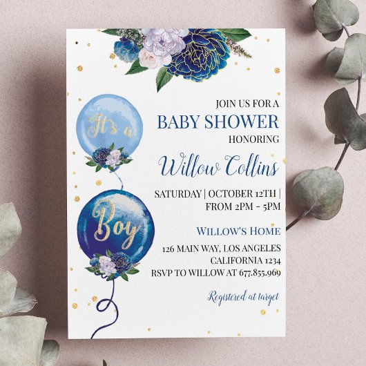 Ballon Floral Boy Baby shower Invitation Kaart