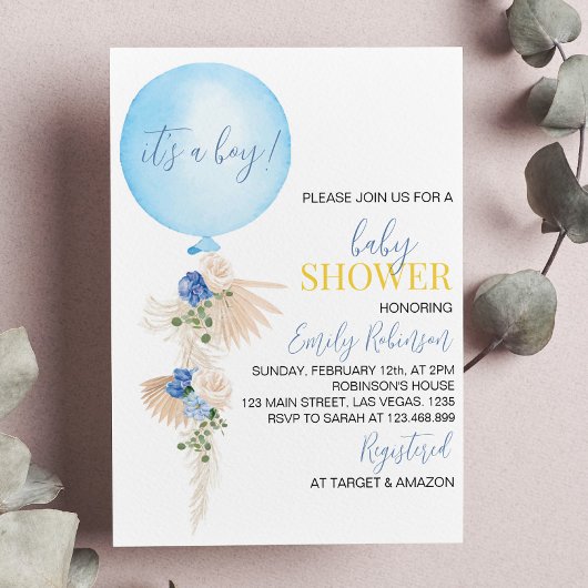 Ballon Floral Boy Baby shower Invitation Kaart