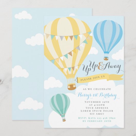 Ballon gele en blauwe warme luchtballon - Birthday Kaart (Voorkant / Achterkant)