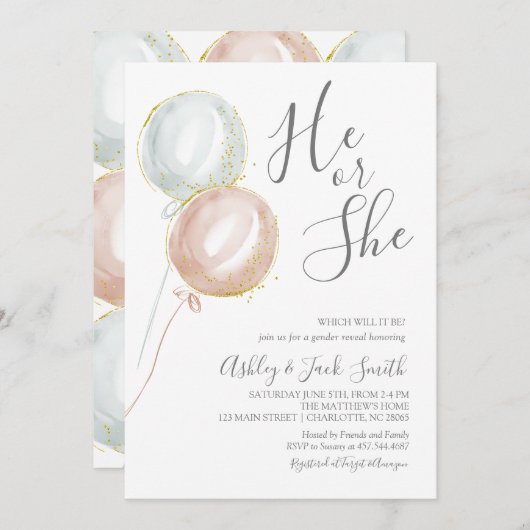 Ballon Gender Reopenbaart Uitnodiging (Voorkant / Achterkant)