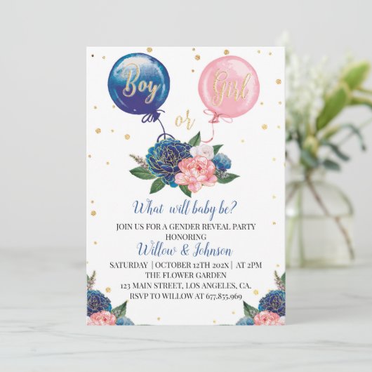 Ballon Geslacht onthullen uitnodiging jongen of me (Staand voorkant)