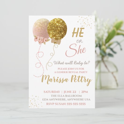 Ballon geslacht onthulling feest uitnodiging, Glit Kaart (Staand voorkant)