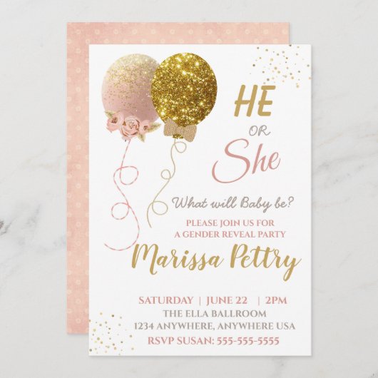 Ballon geslacht onthulling feest uitnodiging, Glit Kaart (Voorkant / Achterkant)
