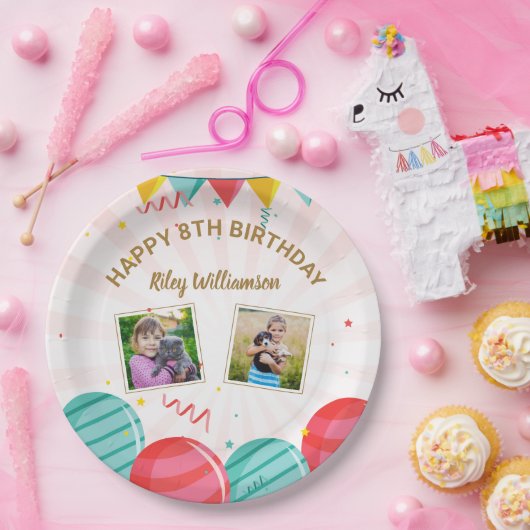 Ballon goudroze Confetti foto's van elke leeftijd Papieren Bordje (Feest)