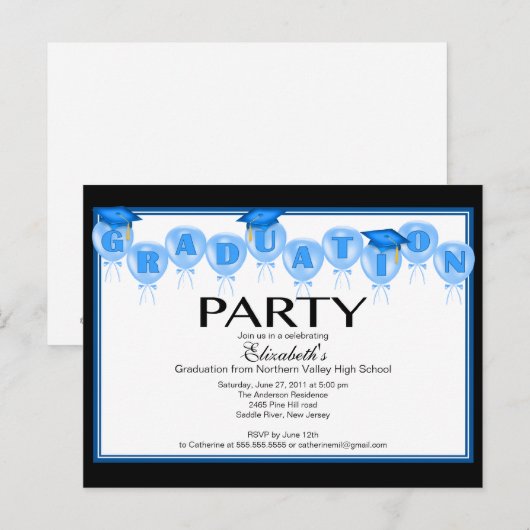 Ballon Graduation Party Invitation Blauw Afstudeer Uitnodiging Briefkaart (Voorkant / Achterkant)