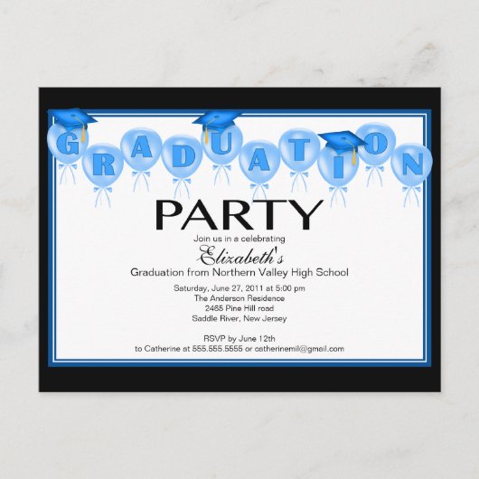 Ballon Graduation Party Invitation Blauw Afstudeer Uitnodiging Briefkaart (Voorkant)