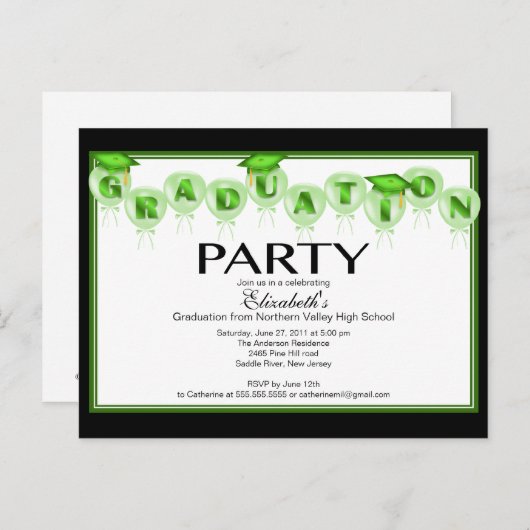 Ballon Graduation Party Invitation Green Pet Uitnodiging Briefkaart (Voorkant / Achterkant)