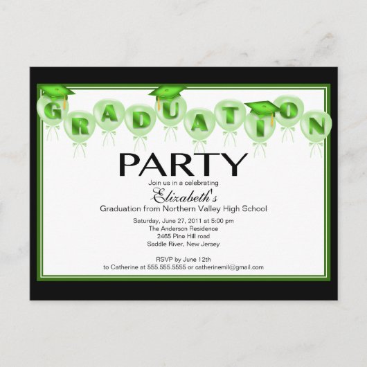 Ballon Graduation Party Invitation Green Pet Uitnodiging Briefkaart (Voorkant)
