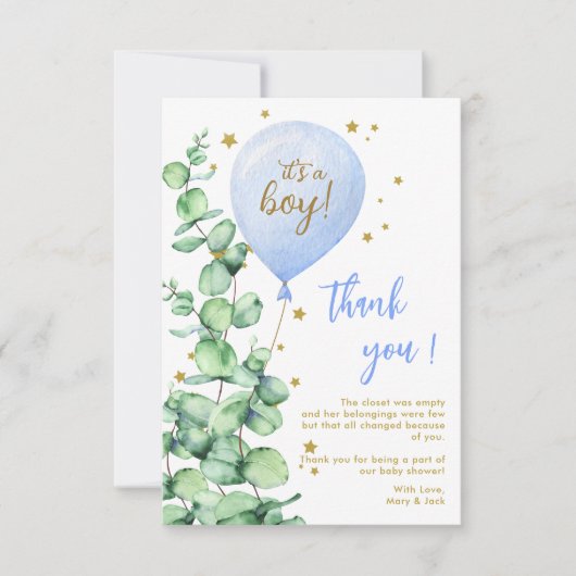 Ballon Het is een Baby shower. Dank je. Bedankkaart (Voorkant)