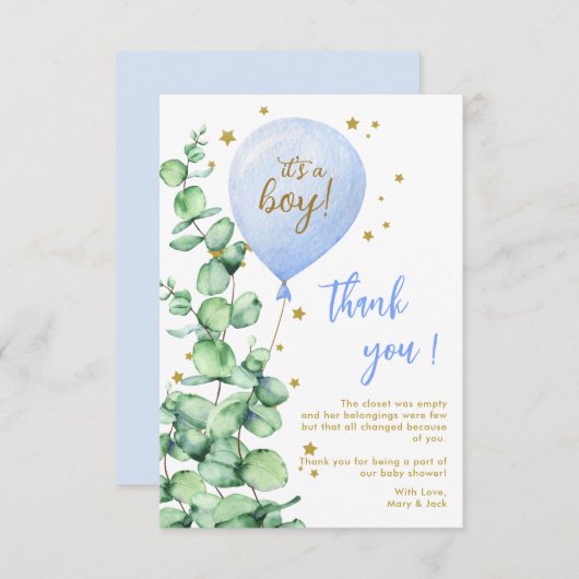 Ballon Het is een Baby shower. Dank je. Bedankkaart (Voorkant / Achterkant)