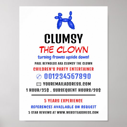 Ballon Kinder Entertainer, Clown Adverteren Poster (Voorkant)
