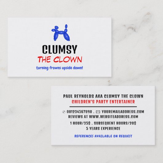 Ballon, Kinder entertainer, clown Visitekaartje (Voorkant / Achterkant)