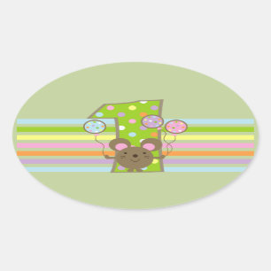 Ballon Mouse Green 1st Birthday Oval Stickers