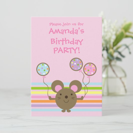 Ballon Mouse Pink Birthday Party - Uitnodiging (Staand voorkant)