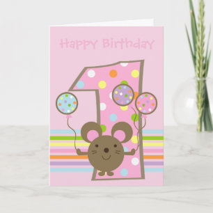Ballon Mouse Pink Happy 1st Birthday Card Kaart