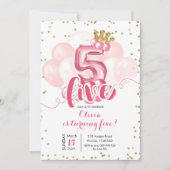 Ballon Pink and Gold Crown, 5e verjaardag Kaart (Voorkant)