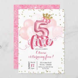 Ballon Pink and Gold Crown, 5e verjaardag Kaart
