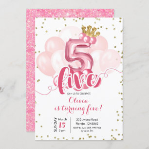 Ballon Pink and Gold Crown, 5e verjaardag Kaart