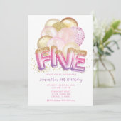 Ballon Pink Paars Gold 5th Birthday Uitnodiging