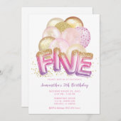 Ballon Pink Paars Gold 5th Birthday Uitnodiging