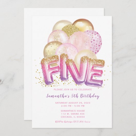 Ballon Pink Paars Gold 5th Birthday Uitnodiging (Voorkant / Achterkant)
