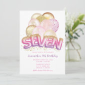 Ballon Pink Paars Gold 7th Birthday Uitnodiging (Staand voorkant)