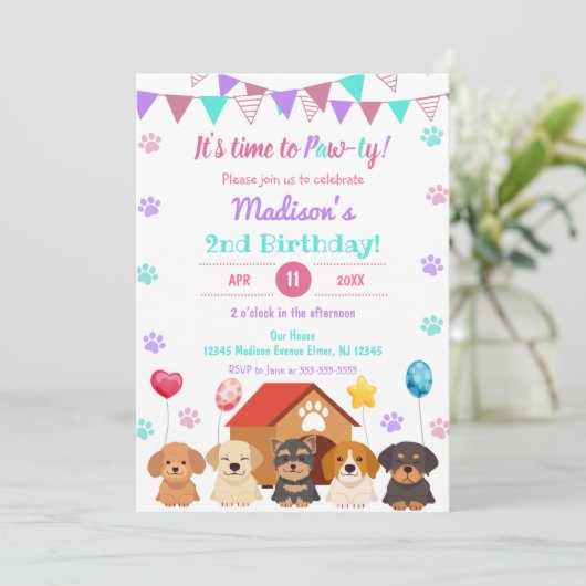 Ballon Puppy Girl Paw-ty Green Point Birthday Kaart (Staand voorkant)