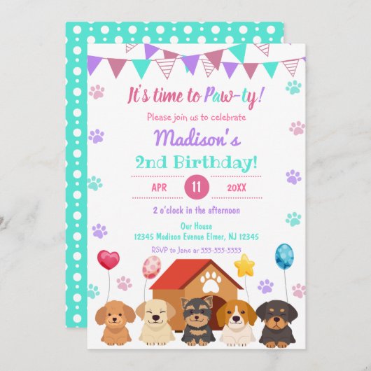 Ballon Puppy Girl Paw-ty Green Point Birthday Kaart (Voorkant / Achterkant)
