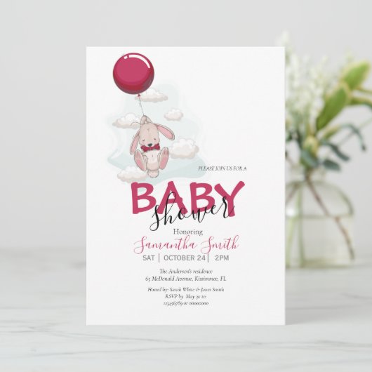 Ballon Rabbit Baby shower Invitation Aankondiging (Staand voorkant)