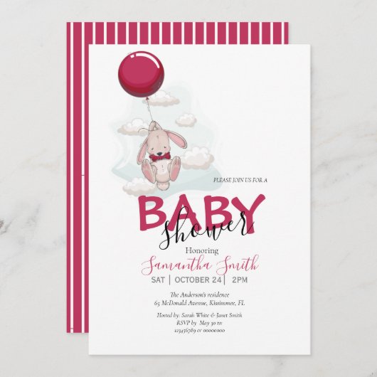 Ballon Rabbit Baby shower Invitation Aankondiging (Voorkant / Achterkant)