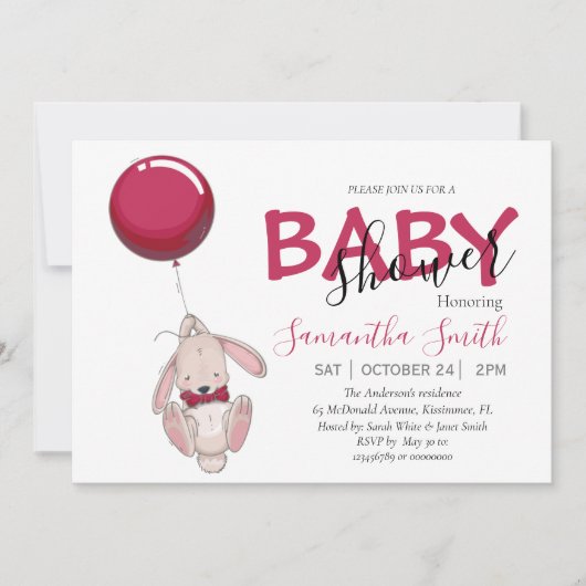 Ballon Rabbit Baby shower Invitation Aankondiging (Voorkant)