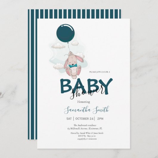 Ballon Rabbit Baby shower Invitation Aankondiging (Voorkant / Achterkant)