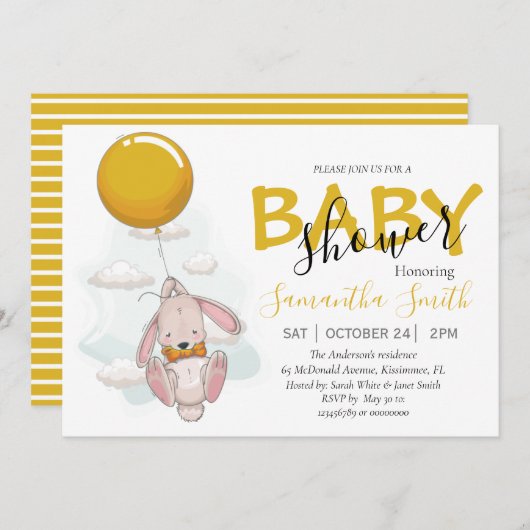 Ballon Rabbit Baby shower Invitation Aankondiging (Voorkant / Achterkant)