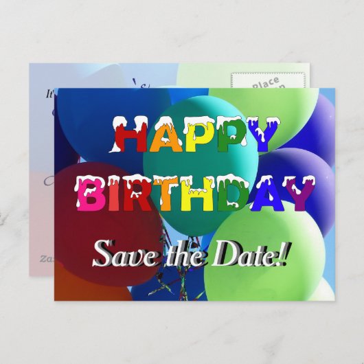 Ballon Rainbow Birthday Bewaar de datum Aankondigingskaart (Voorkant / Achterkant)