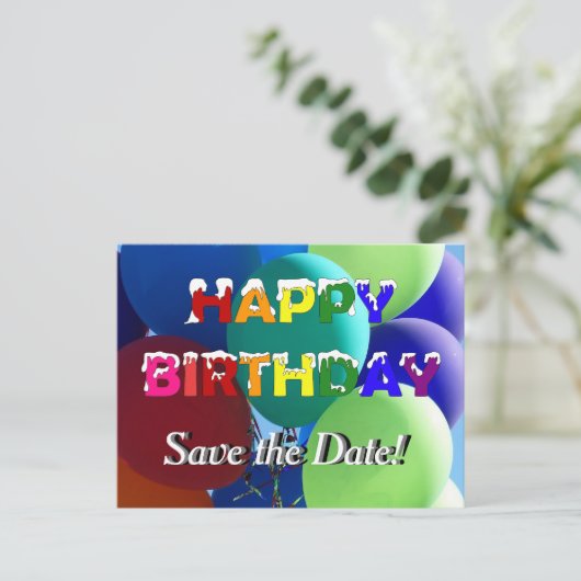 Ballon Rainbow Birthday Bewaar de datum Aankondigingskaart (Staand voorkant)