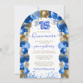 Ballon Royal Blue Gold Sparkle Quinceañera Kaart (Voorkant)