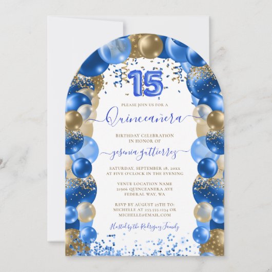 Ballon Royal Blue Gold Sparkle Quinceañera Kaart (Voorkant)