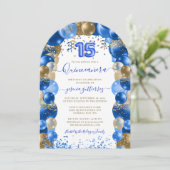 Ballon Royal Blue Gold Sparkle Quinceañera Kaart (Staand voorkant)