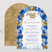 Ballon Royal Blue Gold Sparkle Quinceañera Kaart (Voorkant / Achterkant)