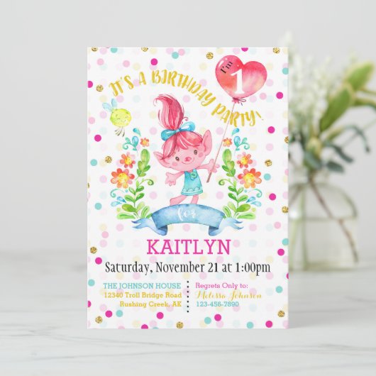 Ballon Troll Girl Flowers First Birthday Kaart (Staand voorkant)