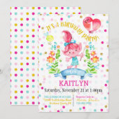 Ballon Troll Girl Flowers First Birthday Kaart (Voorkant / Achterkant)