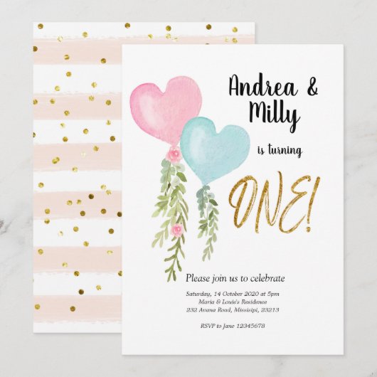 Ballon Twin Boy and Girl Birthday Invitation Kaart (Voorkant / Achterkant)