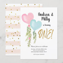 Ballon Twin Boy and Girl Birthday Invitation